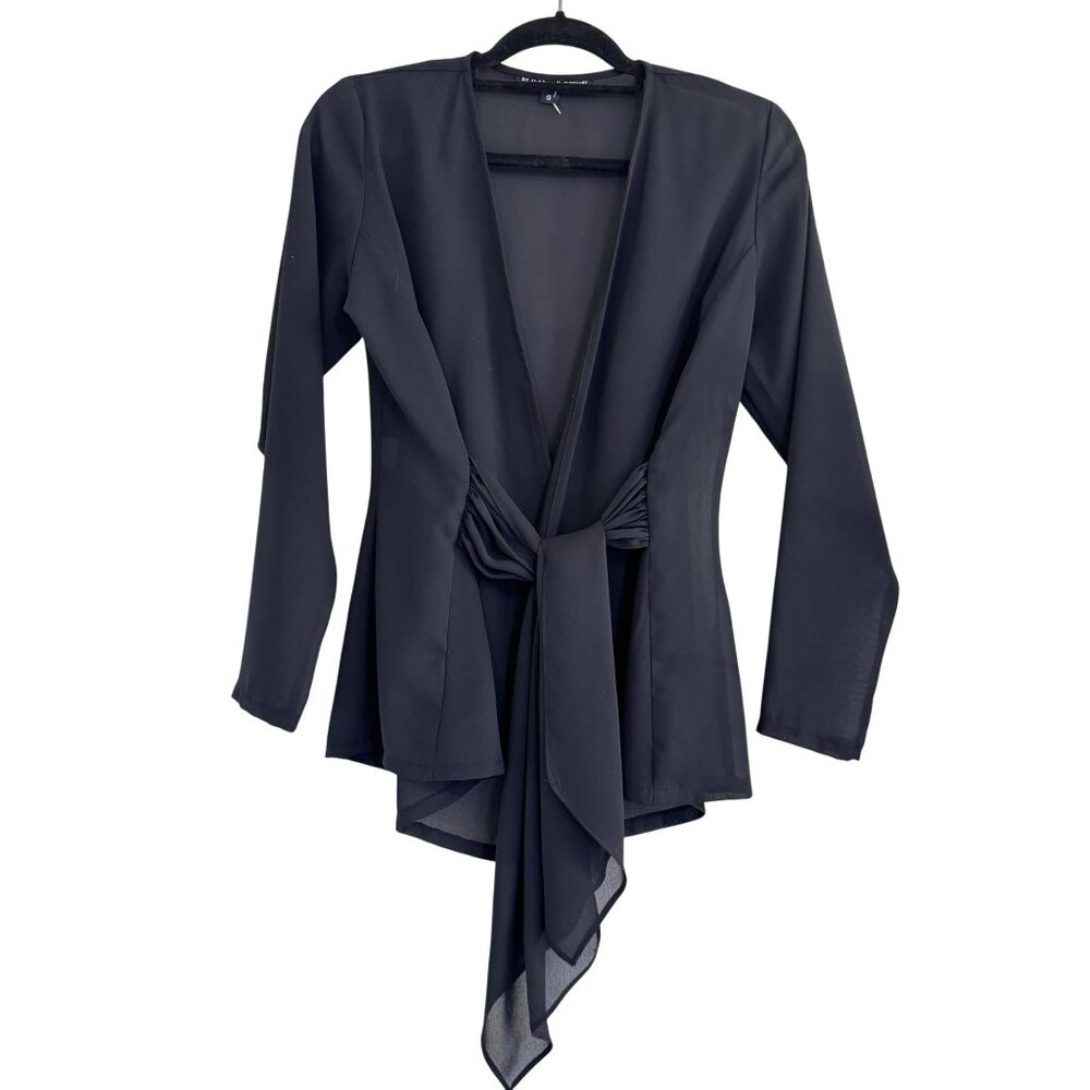 Vintage Betsey Johnson Womens Black Mesh Long Sleeve Bow Pleated Blazer Size S